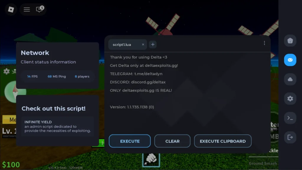 Delta executor script execution screen